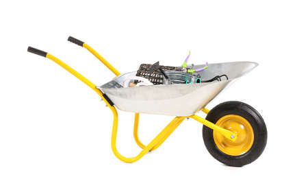 Set of gardening supplies on white backgroundの写真素材