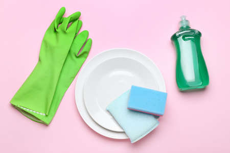 Composition with clean dishes on color backgroundの写真素材