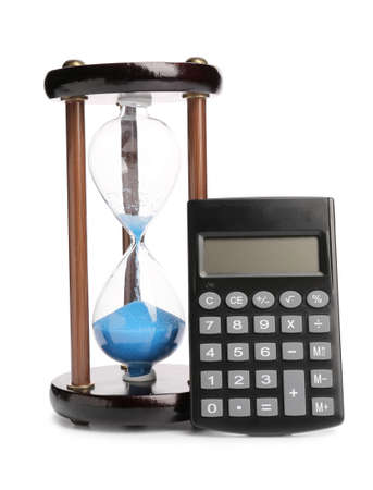 Hourglass with calculator on white background