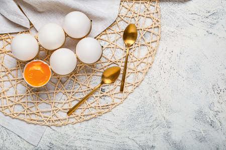 Fresh chicken eggs on tableの写真素材