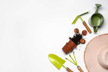 Set of gardening supplies on white backgroundの写真素材