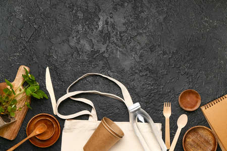 Composition with eco bag on dark backgroundの写真素材