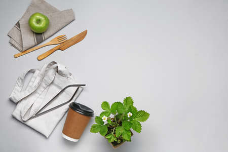 Composition with eco bag on light backgroundの写真素材