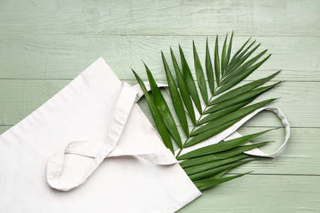 Eco bag and palm leaf on wooden backgroundの写真素材