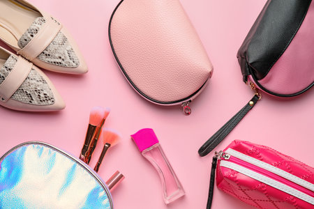 Composition with decorative cosmetics on color backgroundの写真素材