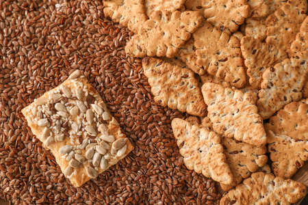 Cereal cookies with flax seeds, closeupの写真素材