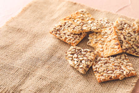 Cereal cookies on sackcloth closeup