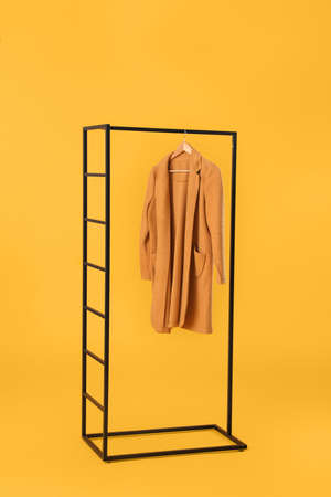 Stylish hanger with female clothes on color backgroundの写真素材