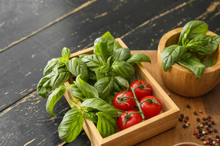 Fresh green basil, tomatoes and spices on tableの写真素材