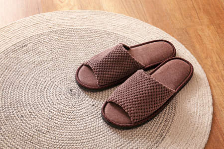 Pair of soft slippers on rugの写真素材