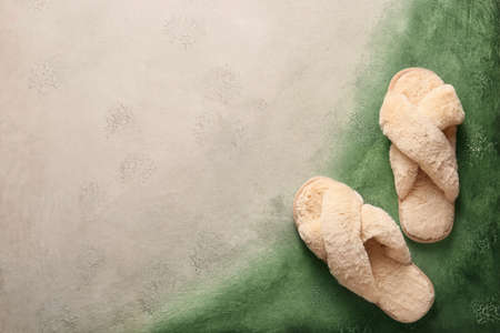 Pair of soft slippers on color backgroundの写真素材