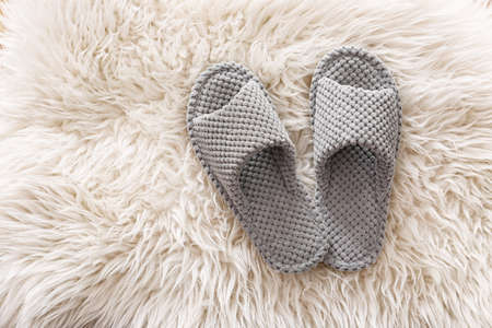 Pair of soft slippers on fluffy rugの写真素材