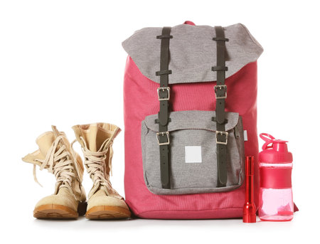 Set of traveler's accessories on white backgroundの写真素材