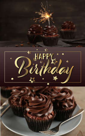Collage of tasty birthday cupcakes