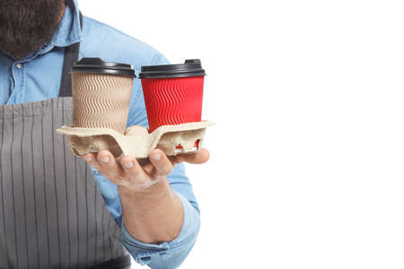 Male barista on white background, closeup