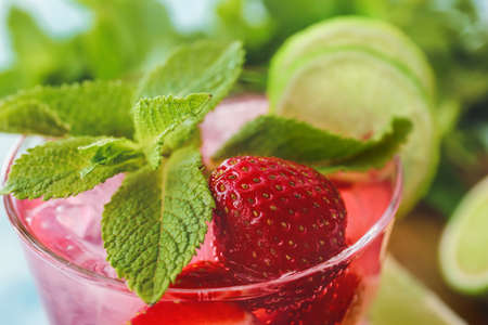 Glass of fresh strawberry mojito, closeupの写真素材