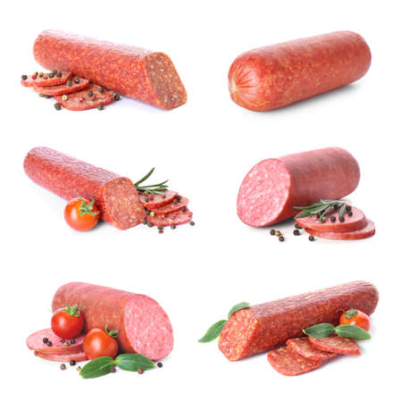 Collage of tasty smoked sausages on white backgroundの写真素材