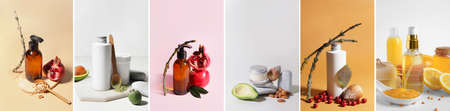 Set of natural cosmetic products on color background