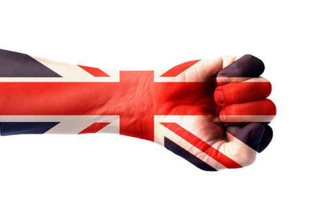 Male hand in colors of United Kingdom flag on white backgroundの写真素材