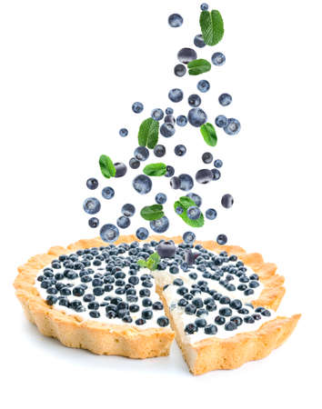 Tasty bilberry pie on white backgroundの写真素材