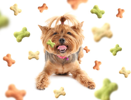 Cute funny dog and flying tasty food on white backgroundの写真素材