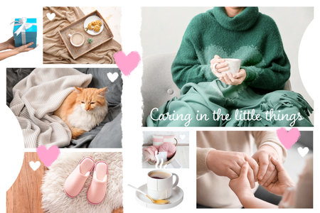 Collage of young woman with senior mother and cat resting at homeの写真素材