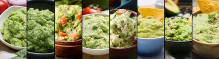 Collage of tasty guacamole in bowlsの写真素材