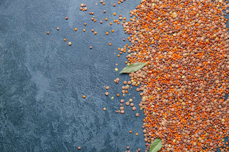 Different raw lentils on dark backgroundの写真素材
