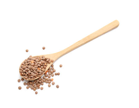 Spoon with lentils on white backgroundの写真素材