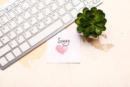 Computer keyboard and paper with word SORRY on white background
