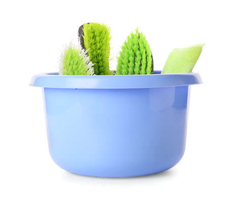 Set of cleaning supplies on white backgroundの写真素材