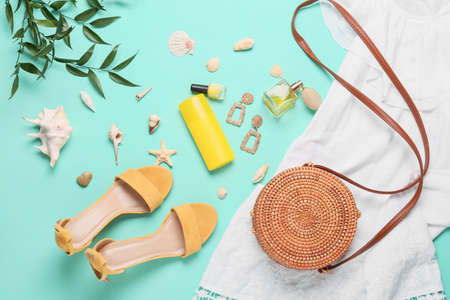 Summer composition with beach accessories on color backgroundの写真素材