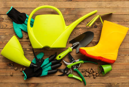Gardening tools on wooden backgroundの写真素材