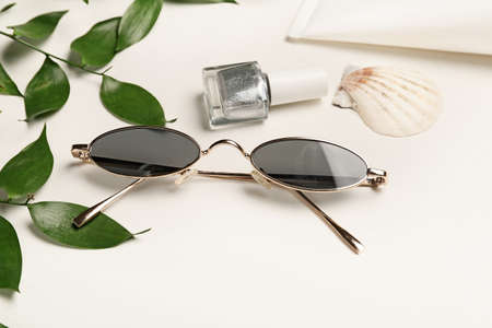 Stylish sunglasses on white backgroundの写真素材