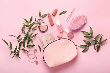 Set of decorative cosmetics and accessories on color backgroundの写真素材