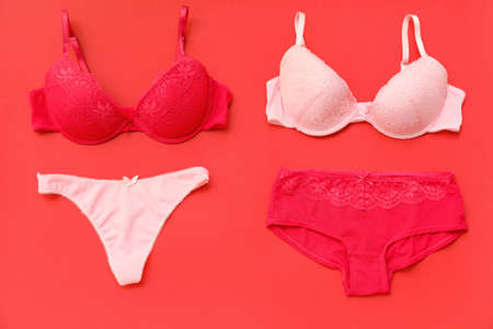Stylish female underwear on color backgroundの写真素材