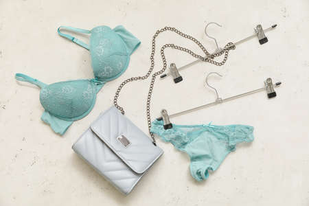 Stylish female underwear with bag on white backgroundの写真素材