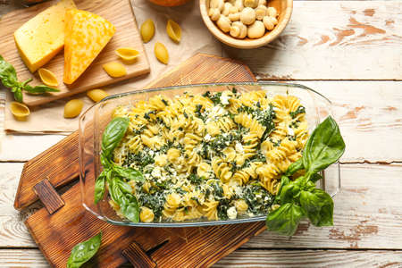 Tasty baked pasta in dish on tableの写真素材