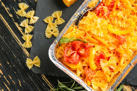 Tasty baked pasta in dish on tableの写真素材