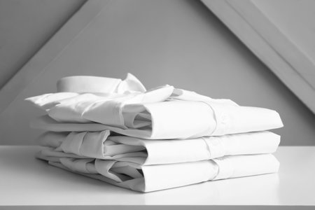 Stylish kid shirts on table in roomの写真素材