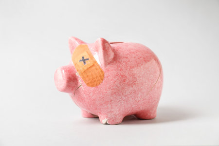 Broken patched piggy bank on light backgroundの写真素材