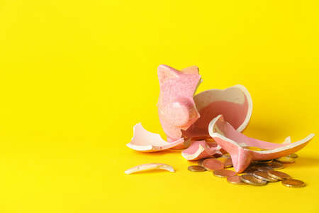 Broken piggy bank and coins on color backgroundの写真素材