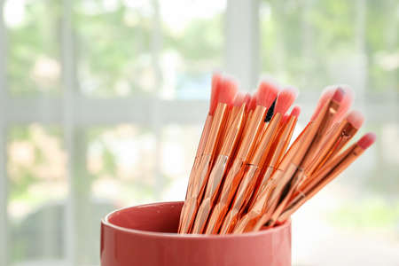 Set of makeup brushes indoors, closeupの写真素材