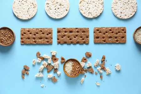 Healthy crispbreads on color background