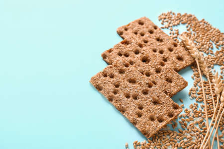 Rye crispbreads on color backgroundの写真素材