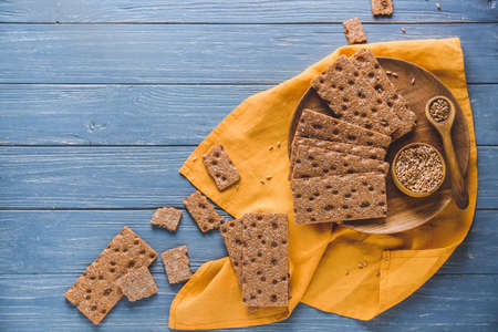 Rye crispbreads on wooden tableの写真素材
