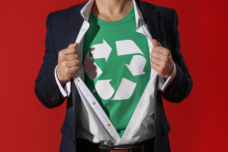 Man wearing t-shirt with recycling sign on color background. Ecology conceptの写真素材