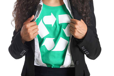 Woman in t-shirt with recycling sign on white background, closeupの写真素材