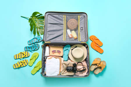 Packed luggage on color background. Travel conceptの写真素材