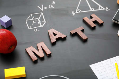 Word MATH and stationery on school blackboard